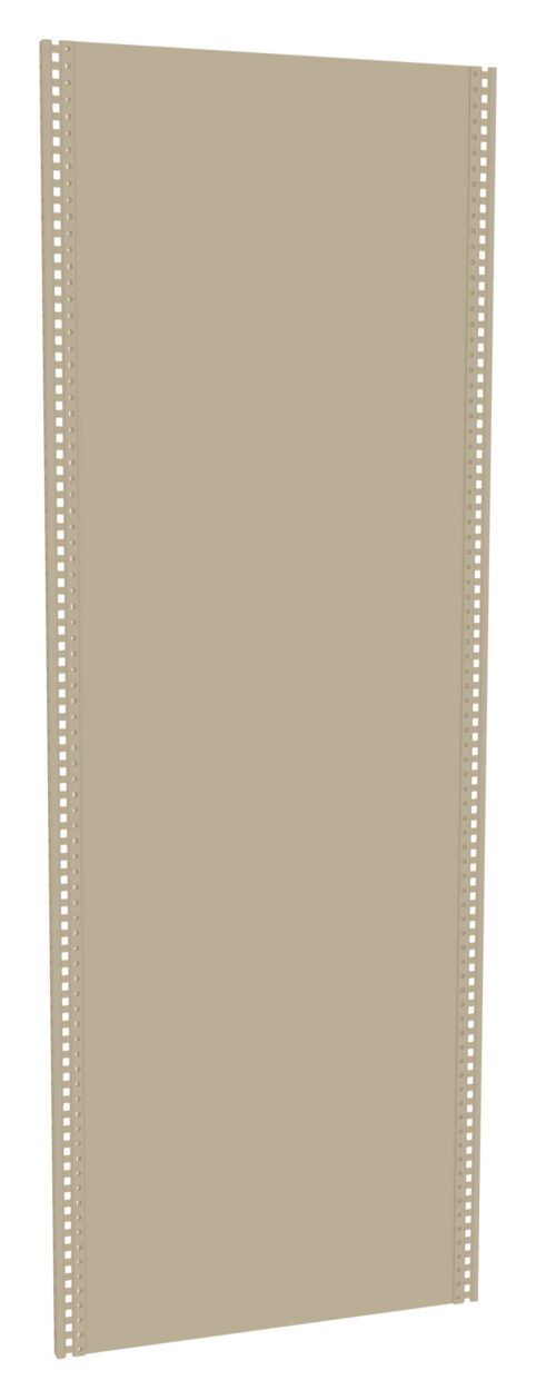 A beige, rectangular metal panel with perforated edges on both sides, standing upright against a white background.