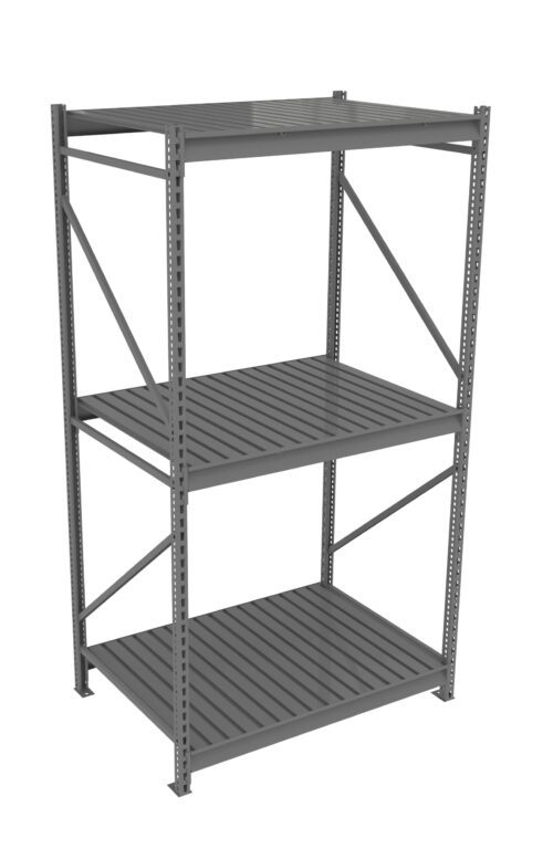 A gray metal shelving unit with three adjustable shelves and a sturdy frame. The design features horizontal slats and vertical support beams, suitable for storage in industrial or garage settings. The unit is empty against a white background.