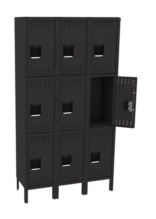 A black, metal storage locker unit with nine compartments arranged in a 3x3 grid. The middle locker on the right is open, revealing an empty interior. The lockers have rectangular handles and vents.