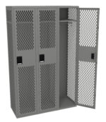 A metal locker with a cage-like lattice design, featuring three doors. The first two doors are closed, while the third is open, revealing a shelf and space inside. The locker is gray and set against a plain white background.