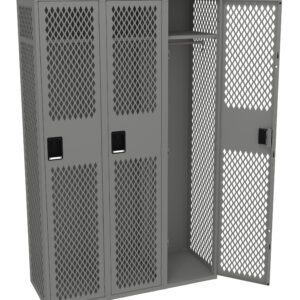 A metal locker with a cage-like lattice design, featuring three doors. The first two doors are closed, while the third is open, revealing a shelf and space inside. The locker is gray and set against a plain white background.