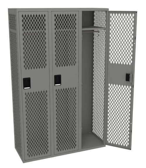 A metal locker with a cage-like lattice design, featuring three doors. The first two doors are closed, while the third is open, revealing a shelf and space inside. The locker is gray and set against a plain white background.