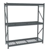 A sturdy, industrial metal shelving unit with two large shelves. The frame is gray, and the shelves are made of wire grid. Its designed for heavy-duty storage, with diagonal support beams for stability. The unit is photographed against a white backdrop.