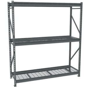 A sturdy, industrial metal shelving unit with two large shelves. The frame is gray, and the shelves are made of wire grid. Its designed for heavy-duty storage, with diagonal support beams for stability. The unit is photographed against a white backdrop.