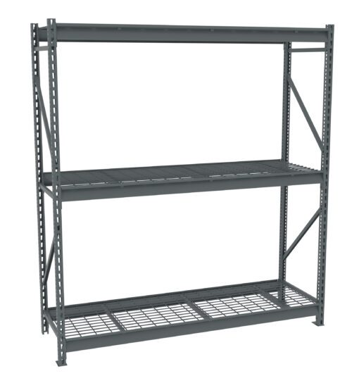 A sturdy, industrial metal shelving unit with two large shelves. The frame is gray, and the shelves are made of wire grid. Its designed for heavy-duty storage, with diagonal support beams for stability. The unit is photographed against a white backdrop.