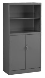 A tall, gray storage cabinet with two upper open shelves and a lower compartment with double doors secured by a lock. The cabinet is plain and industrial in style, designed for office or utility storage.