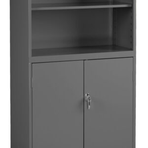 A tall, gray storage cabinet with two upper open shelves and a lower compartment with double doors secured by a lock. The cabinet is plain and industrial in style, designed for office or utility storage.