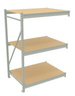 A metal storage rack with three beige wooden shelves. The rack is empty and set against a white background. The structure includes vertical supports with adjustable brackets for shelf height.