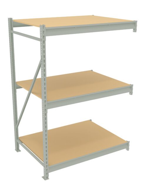 i8jpbihwgkeddqqot5rt.jpg A metal storage rack with three beige wooden shelves. The rack is empty and set against a white background. The structure includes vertical supports with adjustable brackets for shelf height.
