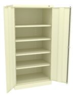 A beige metal storage cabinet with one door open, revealing five adjustable shelves inside. The cabinet is empty, allowing a clear view of the shelf space.