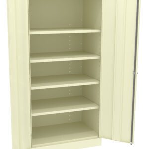 A beige metal storage cabinet with one door open, revealing five adjustable shelves inside. The cabinet is empty, allowing a clear view of the shelf space.
