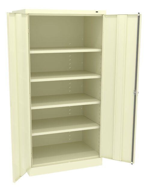 A beige metal storage cabinet with one door open, revealing five adjustable shelves inside. The cabinet is empty, allowing a clear view of the shelf space.