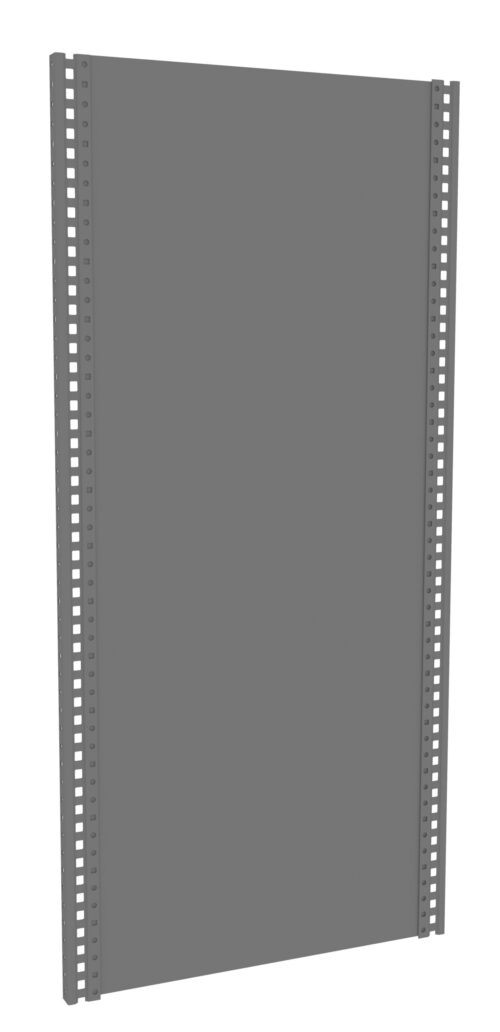 A tall, grey, rectangular metal rack panel with slotted sides. The panel stands upright against a white background.