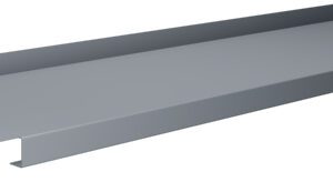 A gray, rectangular metal panel with raised edges on two sides and several holes along one end, viewed from an angled perspective.