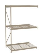 A brown metal shelving unit with three tiers, featuring a combination of solid and wire mesh shelves. It has a simple, open-frame design with vertical support bars and horizontal beams.