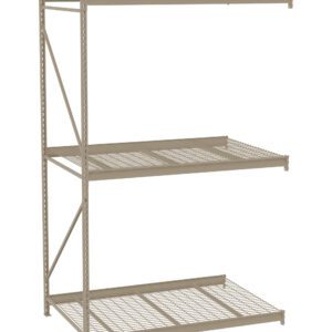A brown metal shelving unit with three tiers, featuring a combination of solid and wire mesh shelves. It has a simple, open-frame design with vertical support bars and horizontal beams.