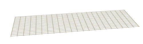 A large, rectangular metal grid on a white background. The grid is composed of evenly spaced horizontal and vertical bars, creating a series of square openings. The color of the metal appears to be light gray or beige.