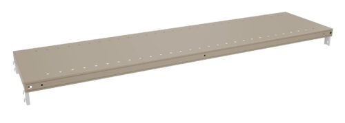 A beige, rectangular, metal shelf with perforated holes and brackets on each side, designed for mounting.