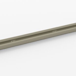 A long, thin metal rail with a smooth, light gray surface. The rail features a groove running along its length and evenly spaced circular indentations. It is displayed on a plain white background.