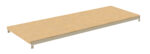 A long rectangular wooden shelf with a light wood finish and a beige metal frame. It is isolated on a white background and designed for storage or display purposes.