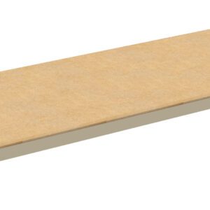 A long rectangular wooden shelf with a light wood finish and a beige metal frame. It is isolated on a white background and designed for storage or display purposes.