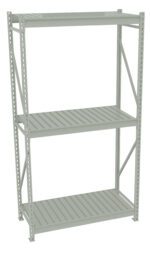 A light gray, three-tiered metal shelving unit with sturdy vertical supports and horizontal slatted shelves, shown against a plain white background.