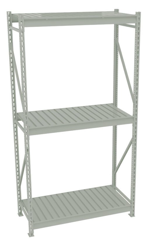 A light gray, three-tiered metal shelving unit with sturdy vertical supports and horizontal slatted shelves, shown against a plain white background.