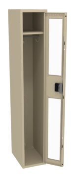 A beige locker with its door open, revealing an empty interior. It includes a small shelf at the top and a hook on the side. The door has a combination lock and two rectangular glass panels.