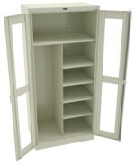 Open beige metal cabinet with transparent glass doors. Inside, it has one large compartment with a single shelf on the left and multiple smaller shelves arranged vertically on the right.