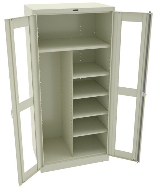 ibo36ue4ovdc8bb0ya2g.jpg Open beige metal cabinet with transparent glass doors. Inside, it has one large compartment with a single shelf on the left and multiple smaller shelves arranged vertically on the right.