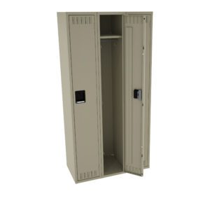 An open metal locker with three vertical compartments. The middle compartment door is open, revealing a hook inside. The locker is beige and has vented slats on the top and bottom of each door.