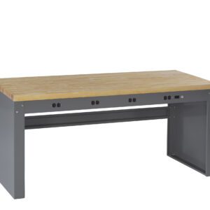A sturdy workbench with a wooden tabletop and metal legs. The design features a row of electrical outlets along the front, providing functionality for various tasks.