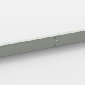 A long, narrow, light gray metal bar with a rectangular cross-section is placed diagonally across a white background. The bar has small circular holes at each end and in the middle.