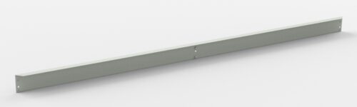 A long, narrow, light gray metal bar with a rectangular cross-section is placed diagonally across a white background. The bar has small circular holes at each end and in the middle.