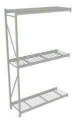 A large, gray metal shelving unit with three adjustable wire shelves. The frame has a sturdy, industrial design with support beams on the sides. The shelving is empty and stands against a white background.