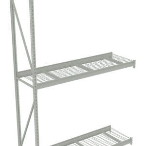 A large, gray metal shelving unit with three adjustable wire shelves. The frame has a sturdy, industrial design with support beams on the sides. The shelving is empty and stands against a white background.