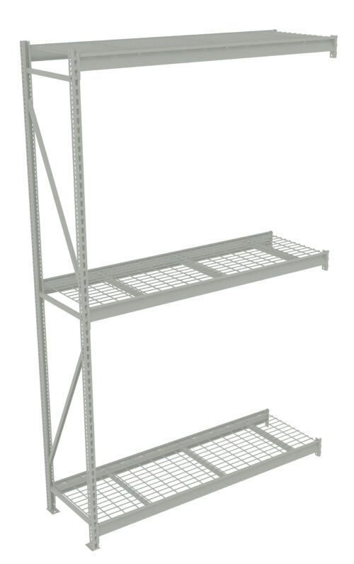 ic53wtoiiq8rmvfyld1i.jpg A large, gray metal shelving unit with three adjustable wire shelves. The frame has a sturdy, industrial design with support beams on the sides. The shelving is empty and stands against a white background.