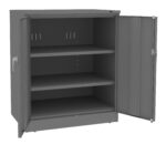 Gray metal cabinet with two open doors, revealing two adjustable shelves inside. The cabinet has a plain, industrial design with handles on both doors and a smooth finish.