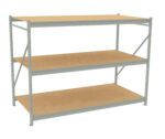 A large, freestanding metal shelving unit with three wooden shelves. The frame is gray and the unit is empty, designed for industrial or garage storage.