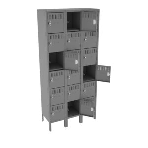 A tall gray metal locker unit with twelve compartments, three rows high and four wide. Each compartment has a vented door, with one door open in the second row, revealing an empty space inside.
