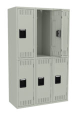 A bank of six light gray lockers, arranged in two rows of three. One locker in the upper right is open, revealing an empty interior. Each locker has a black handle and ventilation slots at the top and bottom.