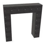A U-shaped arrangement of dark grey metal lockers with small vent slots and key locks, forming a bridge-like structure. The lockers are evenly spaced and identical in design. The setup includes two vertical columns and a horizontal top section.