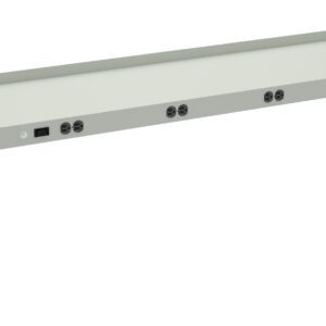 A light gray metal shelf with multiple round electrical outlets and a small control panel on the front. The shelf has support brackets on both sides for mounting.