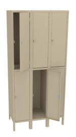 A beige metal locker unit with six compartments arranged in two rows of three. Two upper and one lower compartment doors are slightly open, revealing empty interiors. The unit stands on short legs.