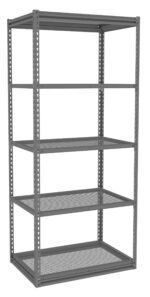 A gray metal shelving unit with five adjustable, ventilated shelves. The shelves are supported by sturdy corner posts with multiple holes for height adjustments. The unit is freestanding and has a simple, industrial design.