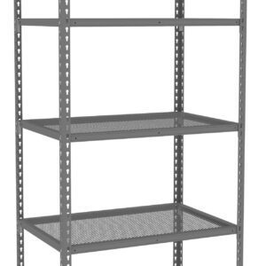 A gray metal shelving unit with five adjustable, ventilated shelves. The shelves are supported by sturdy corner posts with multiple holes for height adjustments. The unit is freestanding and has a simple, industrial design.