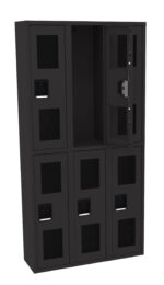 A black, six-compartment metal locker with transparent door panels. The top right door is open, showing the empty interior. Each compartment has a handle and a label slot. The locker is against a plain white background.