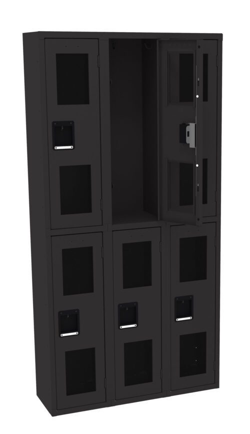 A black, six-compartment metal locker with transparent door panels. The top right door is open, showing the empty interior. Each compartment has a handle and a label slot. The locker is against a plain white background.