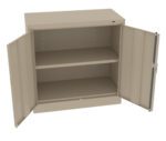 A beige, metal storage cabinet with two open doors revealing two shelves. The cabinet is empty, showing a simple and sturdy design suitable for organizing items.