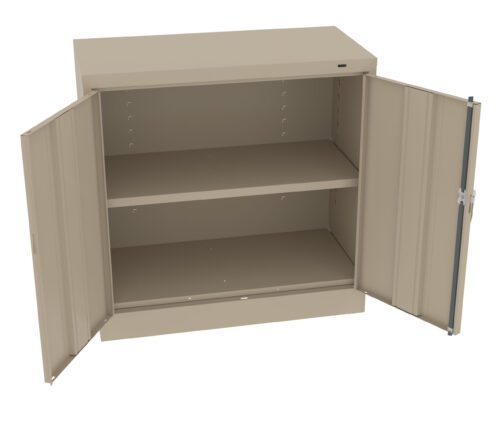 ie9shkagxu7u0lizsqgb.jpg A beige, metal storage cabinet with two open doors revealing two shelves. The cabinet is empty, showing a simple and sturdy design suitable for organizing items.